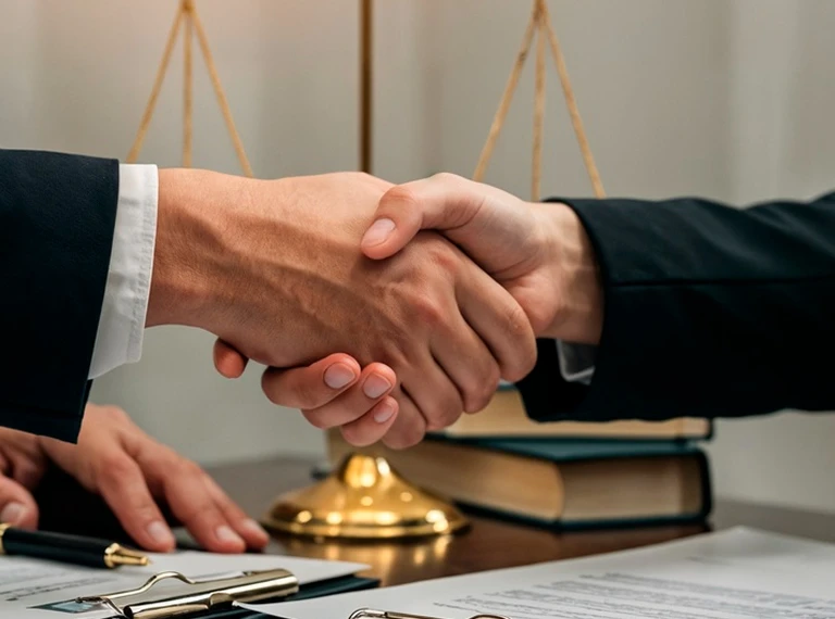 Two individuals in dark suits shaking hands over a desk with legal books and documents.