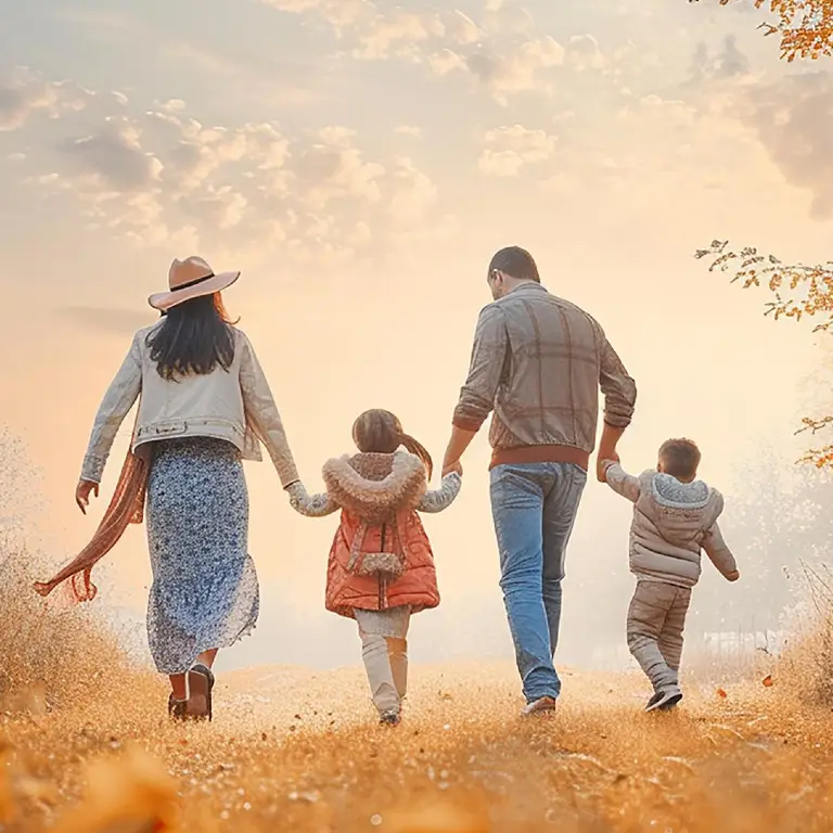 A family of four walking hand-in-hand on a sunlit autumn path.