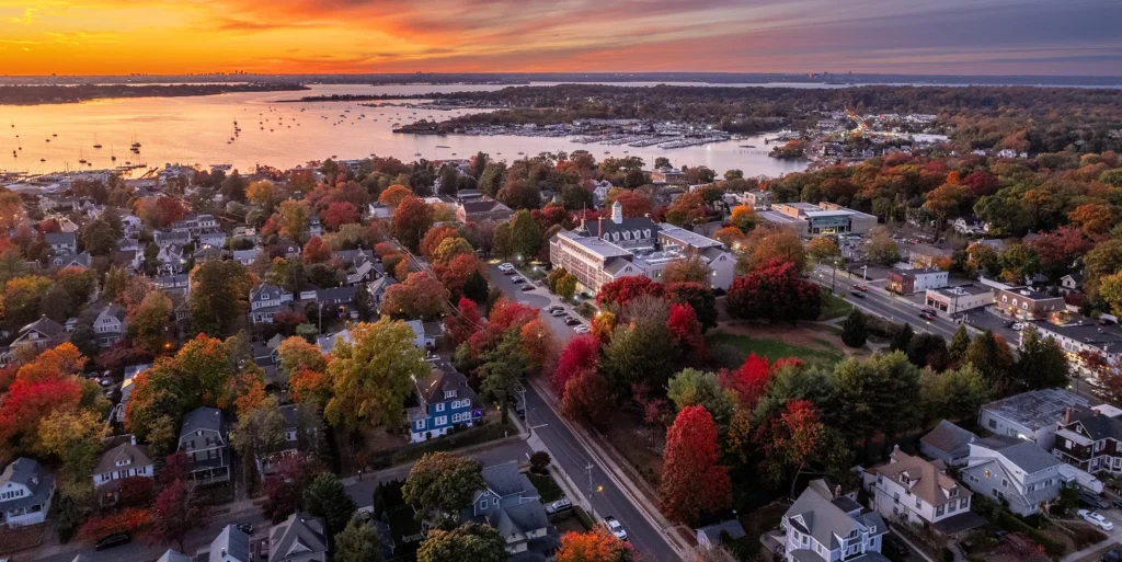Aerial view of a coastal town at sunset with autumn foliage and residential buildings.