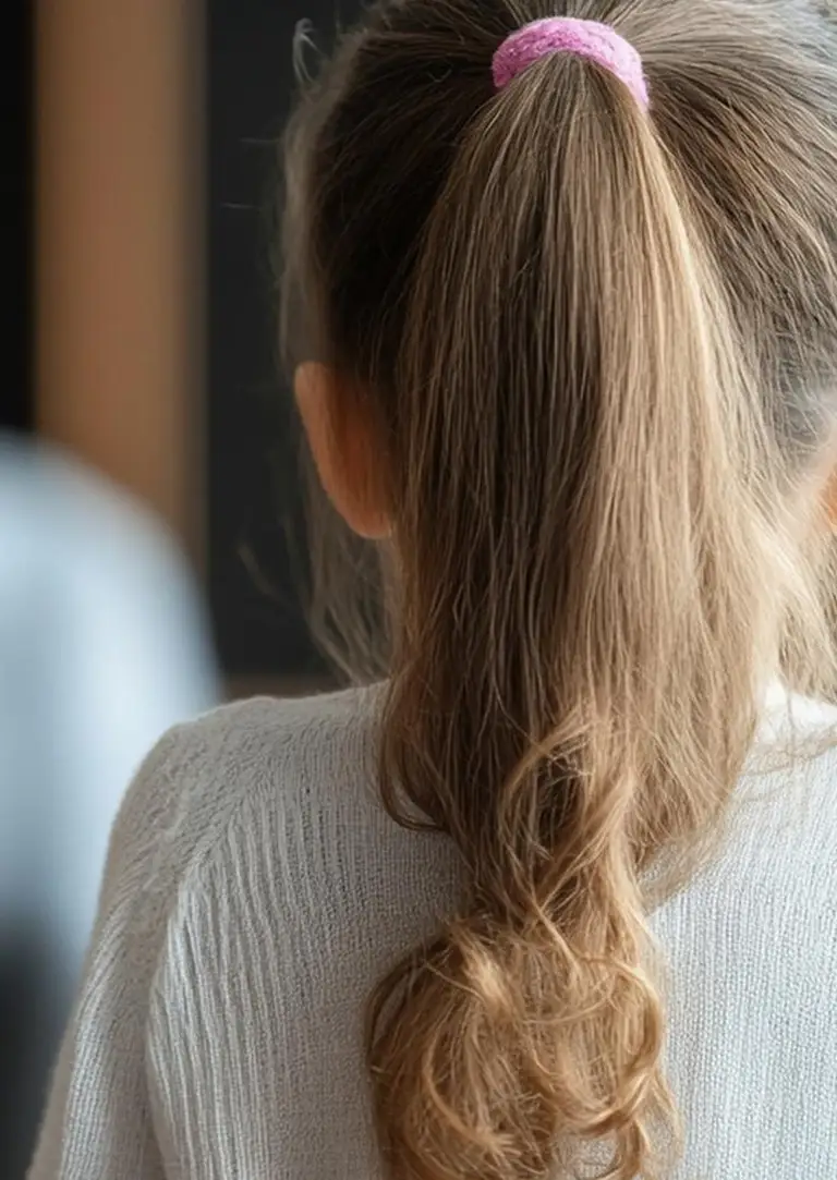 Rear view of a young girl with light brown hair tied in a ponytail with a pink hair tie, wearing a white knit sweater.