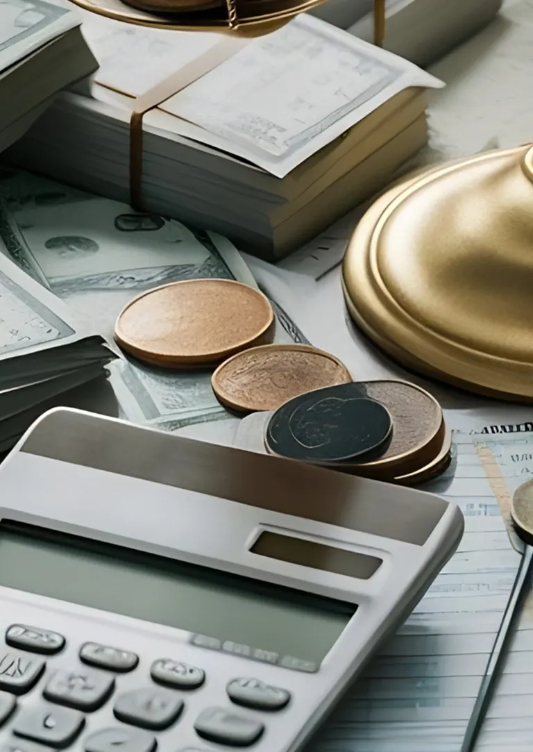 Close-up of a calculator, stacked papers, coins, and a brass scale on a desk.